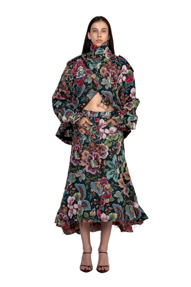 BLACK BROCADE MIDI FLARE SKIRT WITH BELT marques almeida