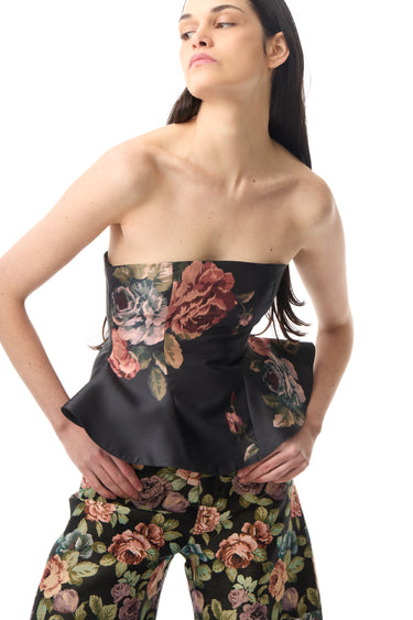 BLACK FLOWER PRINTED STRAPLESS WAISTED TOP marques almeida
