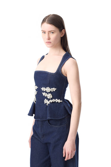 INDIGO EMBELLISHED SQUARE NECK CORSET TOP MARQUES ALMEIDA