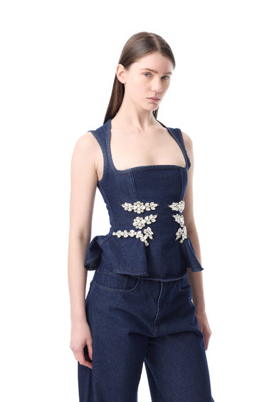INDIGO EMBELLISHED SQUARE NECK CORSET TOP MARQUES ALMEIDA