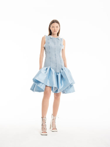 LIGHT BLUE DENIM FITTED DRESS WITH MIKADO PUFF HEM marques almeida