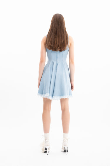 LIGHT BLUE DENIM RACER SHAPE FLOUNCE MINI DRESS marques almeida