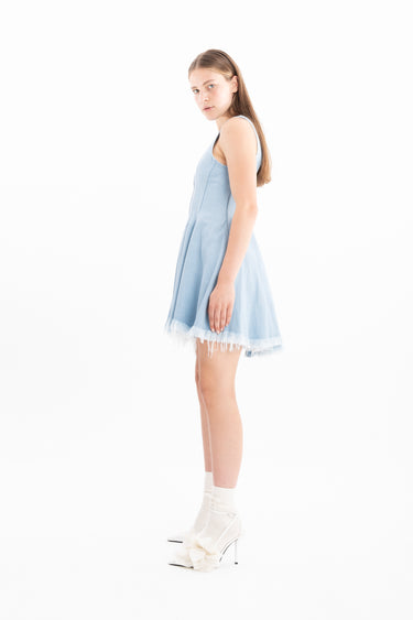 LIGHT BLUE DENIM RACER SHAPE FLOUNCE MINI DRESS marques almeida
