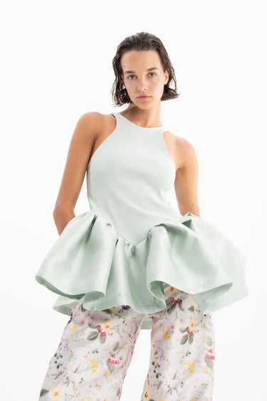 LIGHT GREEN HEAVY SATIN AND RIB JERSEY PEPLUM TANK TOP marques almeida